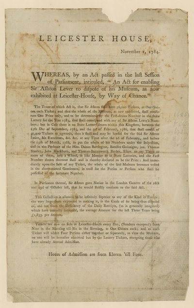 Lotterie zur Veräußerung des Sir Ashton Levers Museums, 1784 von English School