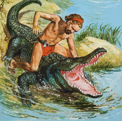 Louis, der Schiffbrüchige, greift ein Krokodil an von English School