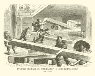 Lumpers entladen Holzschiff in den Handelshäfen (Gravur) von English School
