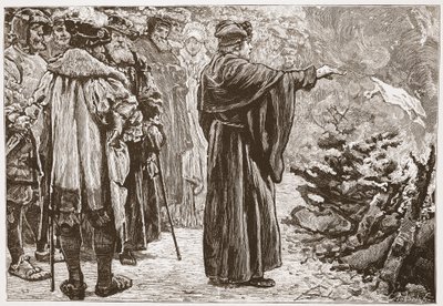 Luther verbrennt die Bulle des Papstes, Illustration aus Die Geschichte des Protestantismus von James Aitken Wylie, veröffentlicht 1878 von English School