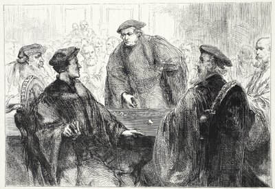 Luther und Zwingli diskutieren in Marburg, Illustration aus Die Geschichte des Protestantismus von James Aitken Wylie, veröffentlicht 1878 von English School