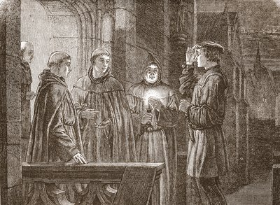 Luther tritt in das Augustinerkloster ein, Illustration aus Die Geschichte des Protestantismus von James Aitken Wylie, veröffentlicht 1878 von English School