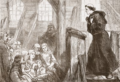 Luther predigt in der alten Holzkirche in Wittenberg, Illustration aus Die Geschichte des Protestantismus von James Aitken Wylie, veröffentlicht 1878 von English School