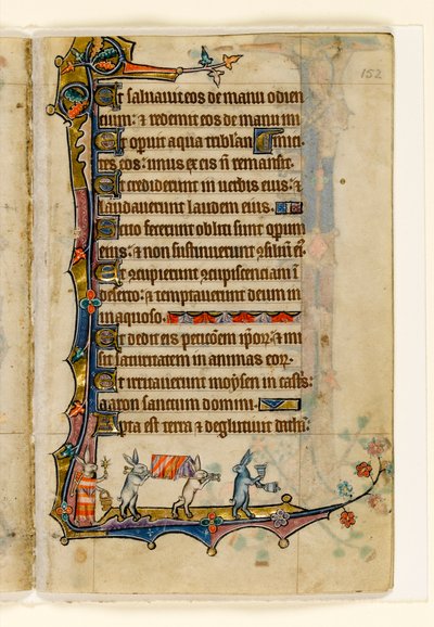 MS 1-2005, fol. 152r: Ein Hasen-Begräbniszug, Randdekoration aus dem Macclesfield Psalter, Use of Sarum, Ostanglien, um 1330 von English School