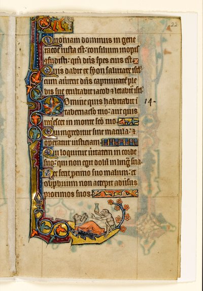 MS 1-2005, fol. 22r: Der Affenarzt und sein Bärenpatient, Randdekoration aus dem Macclesfield Psalter, Use of Sarum, Ostanglien, um 1330 von English School