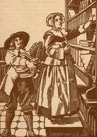 Männliche und weibliche Buchhändler, die in einer Buchhandlung des 17. Jahrhunderts arbeiten von English School