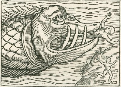 Mann, der von einer Seeschlange gefressen wird. Illustration am Rand einer Karte von Olaus Magnus von English School