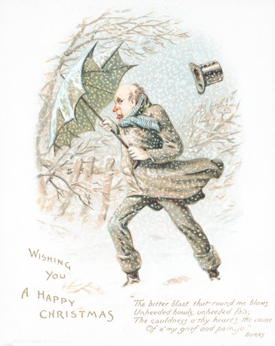 Mann geht durch Schnee im starken Wind, Weihnachtskarte von English School