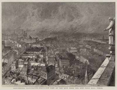 Manchester illustriert, Vogelperspektive der Stadt vom neuen Rathausturm (Gravur) von English School