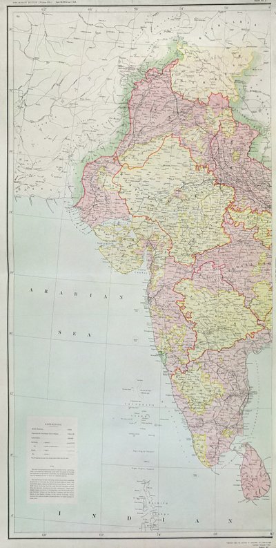 Karte von Indien, veröffentlicht unter der Leitung von Oberst H.R. Thuillier, R.E., Generalvermesser von Indien, 1877 von English School