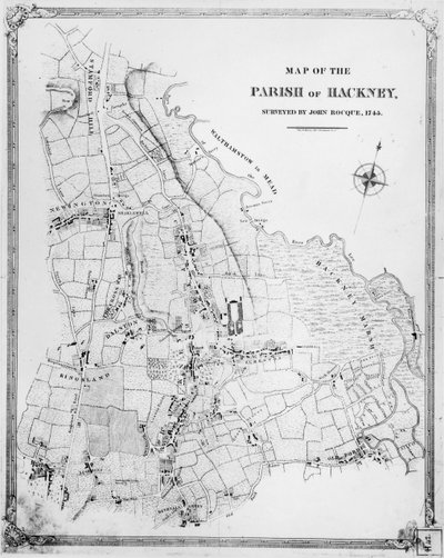 Karte der Pfarrei Hackney, vermessen von John Rocque (ca. 1709-1762) 1745 von English School