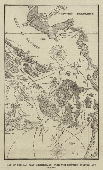 Karte des San Juan Archipels mit dem umstrittenen Kanal und der Grenze (Gravur) von English School