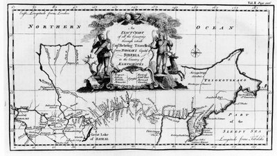 Karte der Route von Vitus Bering über Sibirien nach Kamtschatka, aus Navigantium atque Itinerantium Bibliotheca, veröffentlicht 1744 von English School