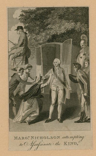 Margaret Nicholson versucht, den König zu ermorden (Gravur) von English School