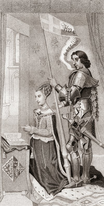 Margarete von Dänemark mit St. Knut, dem Schutzpatron von Dänemark, hinter ihr, der ein Banner mit dem Kreuz der Kreuzzüge hält von English School