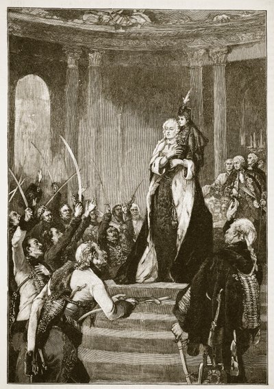 Maria Theresia und das ungarische Parlament, Illustration aus Cassells Illustrierter Geschichte Englands von English School