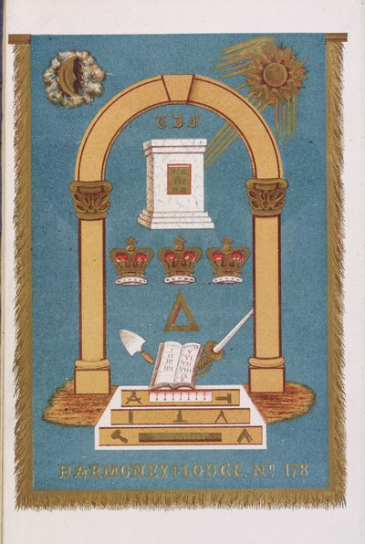 Freimaurerloge-Emblem mit Säulen und verschiedenen Symbolen von English School