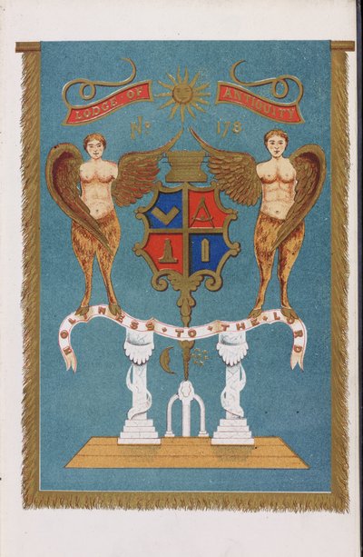 Freimaurerloge-Emblem mit Wappen und Engeln von English School
