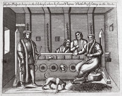 Meister Philpots im Kohlenhaus, wo er Thomas Whittle, Priester, in den Stocks sitzend fand, Illustration aus Acts and Monuments von John Foxe, neunte Ausgabe, veröffentlicht 1684 von English School