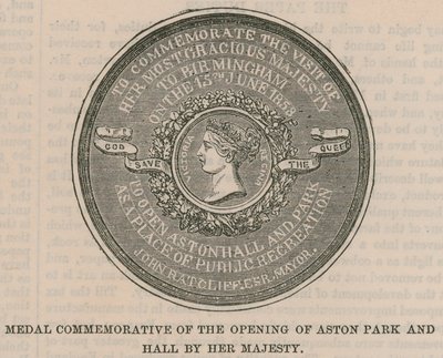 Medaille zur Erinnerung an die Eröffnung von Aston Park und Hall durch Ihre Majestät von English School