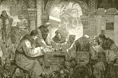 Mittelalterliche Kultur - Mönche in einem Kloster beim Illuminieren und Abschreiben von Büchern von English School