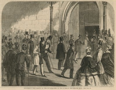 Mitglieder des Commons an der privaten Tür des Hauses in der Westminster Hall von English School