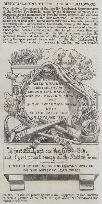 Gedenkstein für den verstorbenen Mr. Braidwood (Stich) von English School