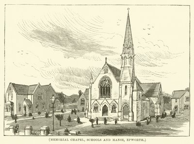 Gedenkkapelle, Schulen und Pfarrhaus, Epworth (Gravur) von English School