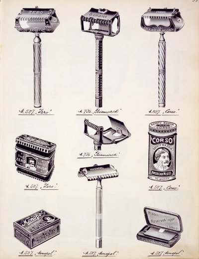 Rasiersets für Männer, aus einem Handelskatolog für Haushaltswaren und Einrichtungsgegenstände, ca. 1890-1910 von English School