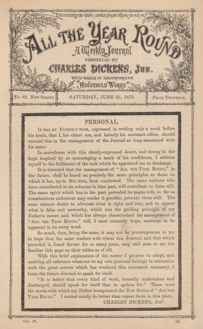 Nachricht von Charles Dickens Junior im Wochenjournal All The Year Round, nach dem Tod seines Vaters von English School