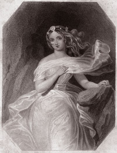 Miranda (Der Sturm - La Tempête) in - „Galerie des femmes de Shakespeare, Sammlung von fünfundvierzig ernsten Porträts der ersten Künstler Londons, bereichert durch kritische und literarische Hinweise“ um 1838 - aus „Gallery of the women of Shakespeare“ von English School