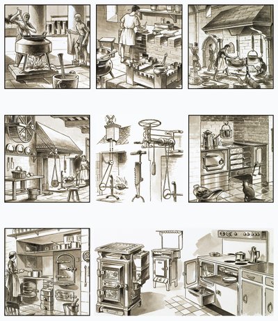 Montage von Bildern von Öfen und Herden von English School