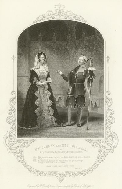 Mrs. Ternan und Mr. Lewis Ball als die Gräfin Rousillon und ihr Narr, Ende gut, alles gut, Akt I, Szene iii von English School