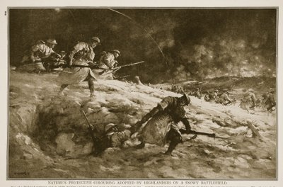 Natürliche Schutzfärbung, übernommen von Highlandern auf einem verschneiten Schlachtfeld, 1914-19 von English School