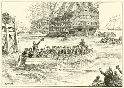 Nelson besteigt sein Flaggschiff in Portsmouth von English School