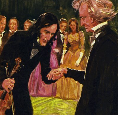Nicolo Paganini küsste demütig seine Hand, nachdem er Berlioz