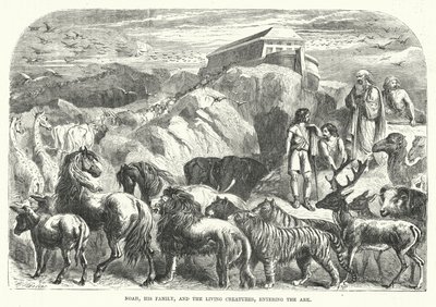 Noah, seine Familie und die Lebewesen betreten die Arche (Gravur) von English School