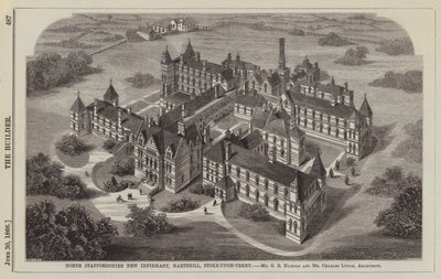 North Staffordshire New Infirmary, Hartshill, Stoke-upon-Trent, Mr. G. B. Nichols und Mr. Charles Lynam, Architekten (Gravur) von English School