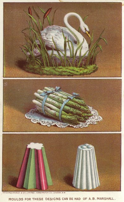 Ornamentale Formen zur Herstellung von Eis in Form eines Schwans und eines Bündels Spargel von English School