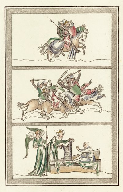 Oswald König von Northumberland mit seiner Armee, Schlacht von Maserfield, Wunder der Jungfrau Maria von English School