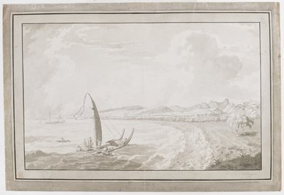 Otahete zeigt einen Blick aus dem Rücken von Point Venus in Richtung Pithas Long House von English School
