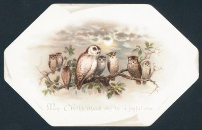Eulen auf einem Ast, Weihnachtskarte von English School