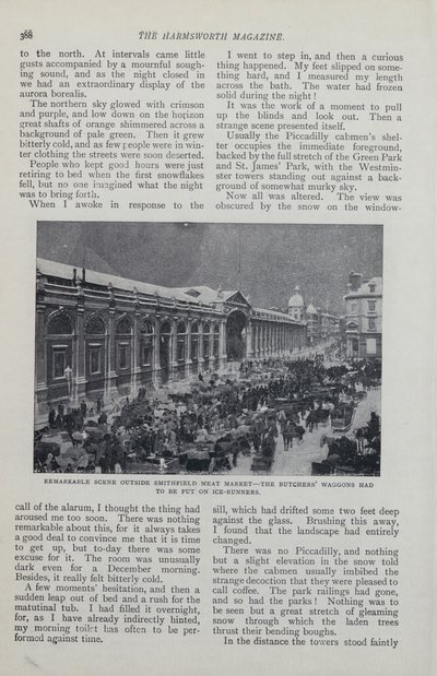Seite aus einem Magazinartikel über ein imaginäres eingeschneites London von English School