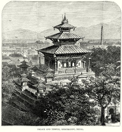 Palast und Tempel, Khatmandu, Nepal (Gravur) von English School
