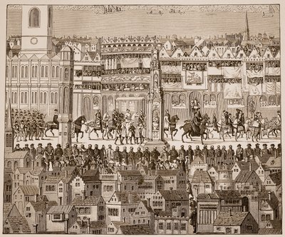Teil der Krönungsprozession von Edward VI., 1547, nach einem Aquarell aus dem 16. Jahrhundert (Sepia-Foto) von English School