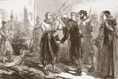 Abschied von Patrick Hamilton von seinen Freunden am Scheiterhaufen, Illustration aus The History of Protestantism von James Aitken Wylie, veröffentlicht 1878 von English School