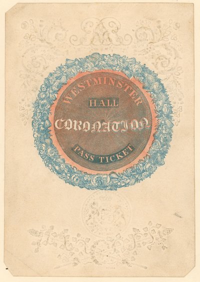 Eintrittskarte für das große Krönungsbankett von König Georg IV. in der Westminster Hall, 17. Juli 1821 von English School