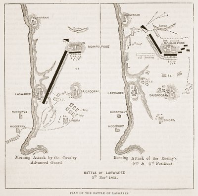 Plan der Schlacht von Laswaree, Illustration aus Cassells Illustrierter Geschichte Indiens von James Grant, veröffentlicht 1879 von English School