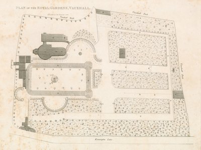 Plan der Königlichen Gärten, Vauxhall, London von English School
