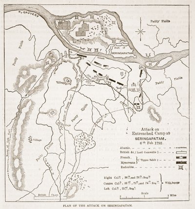 Plan des Angriffs auf Seringapatam, Illustration aus Cassells Illustrierter Geschichte Indiens von James Grant, veröffentlicht 1879 von English School